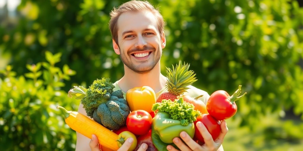 Person smiling, holding colorful fruit and vegetables.