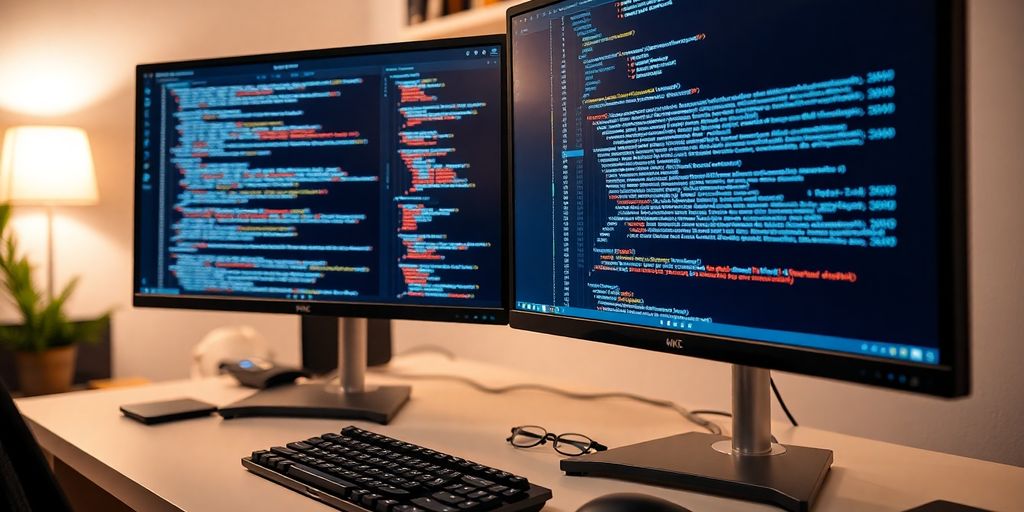 Programador trabalhando com monitores 4K em casa.