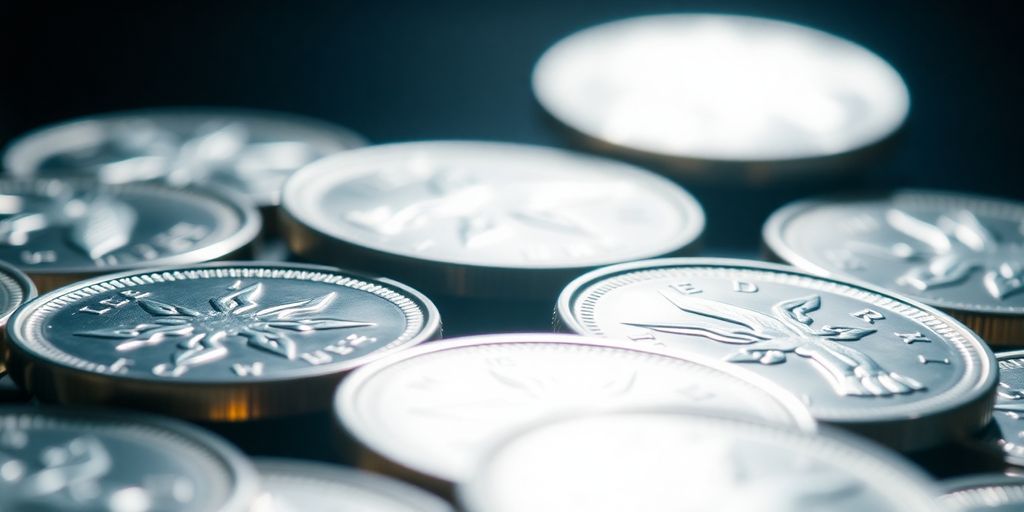 Des pièces d'argent neuves brillantes sur un fond flou.