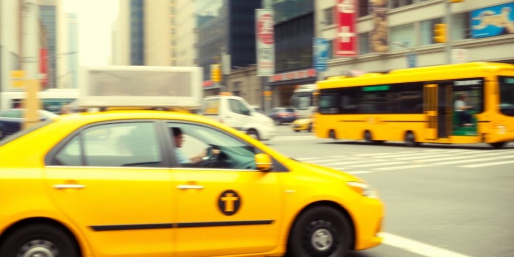 Yellow taxi cab driving down a city street.