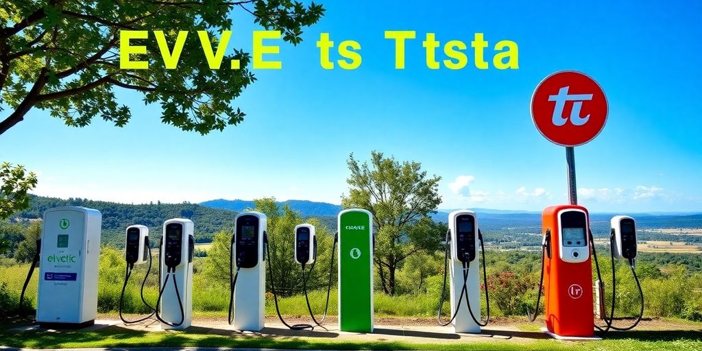 Electric vehicle charging stations in a scenic outdoor setting.