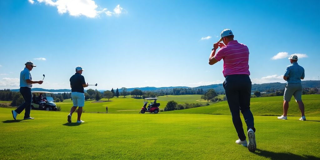 Golfers using technology on a lush golf course.