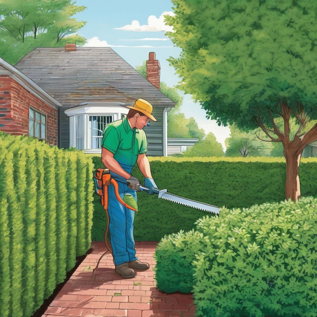 gardener trimming evergreen hedges in a backyard