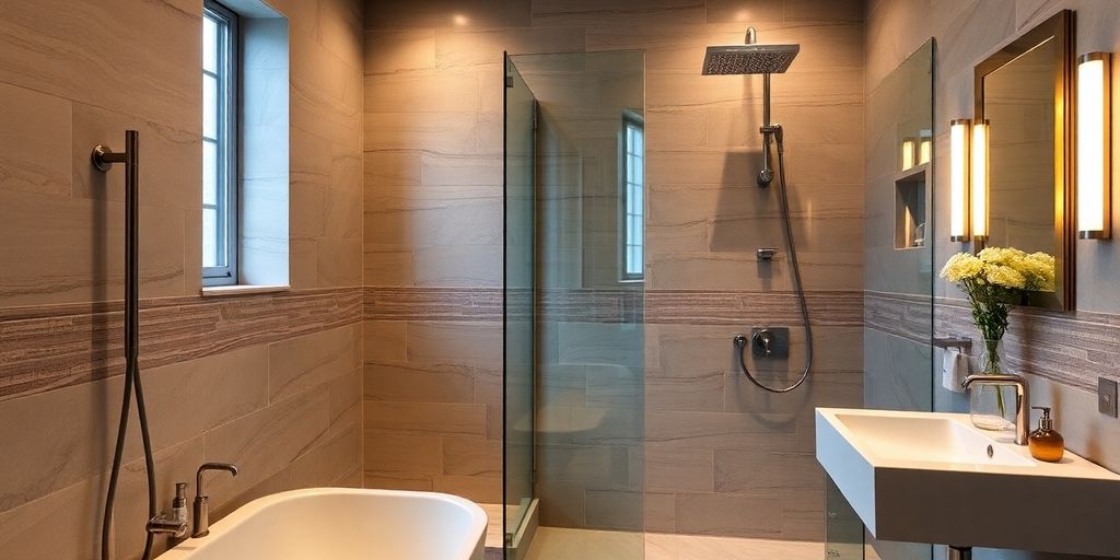 Modern bathroom with sleek fixtures and elegant tiles.