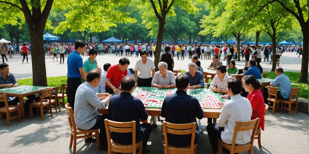 People playing with giant Mahjong tiles outdoors.