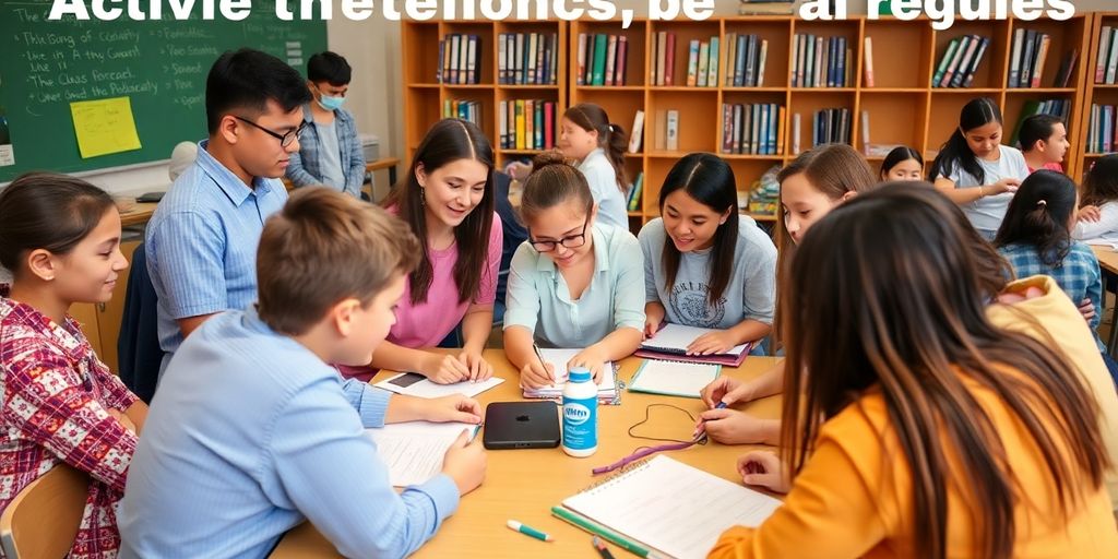 Estudantes colaborando em um ambiente de aprendizado ativo.