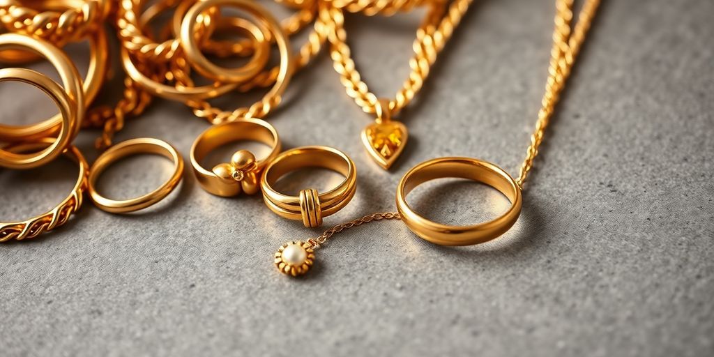 Bijoux en or variés sur une surface texturée.