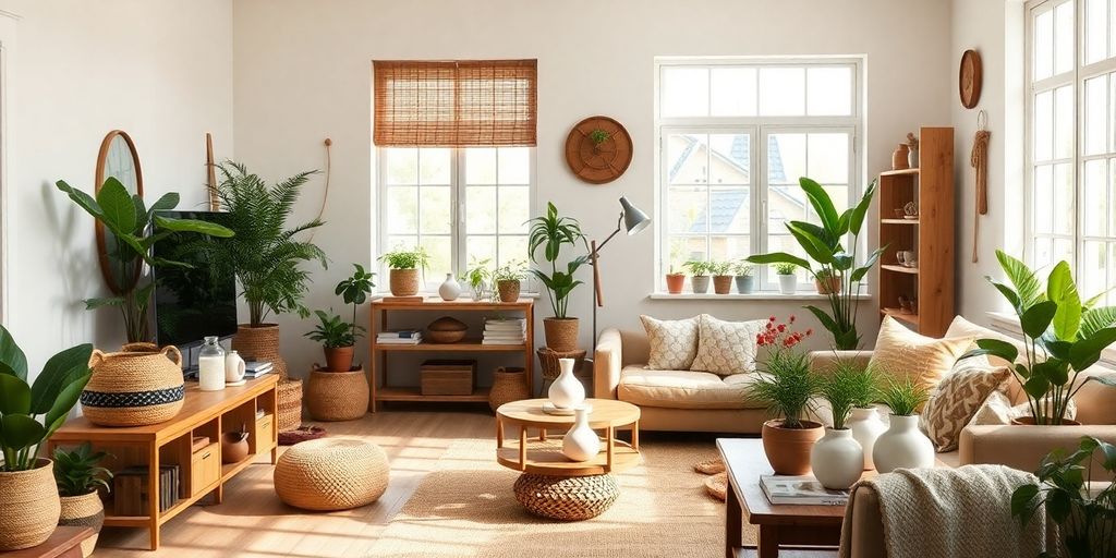 Cozy living room filled with sustainable home decor.