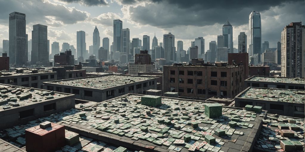 Mahjong tiles on rooftop with zombies and skyscrapers