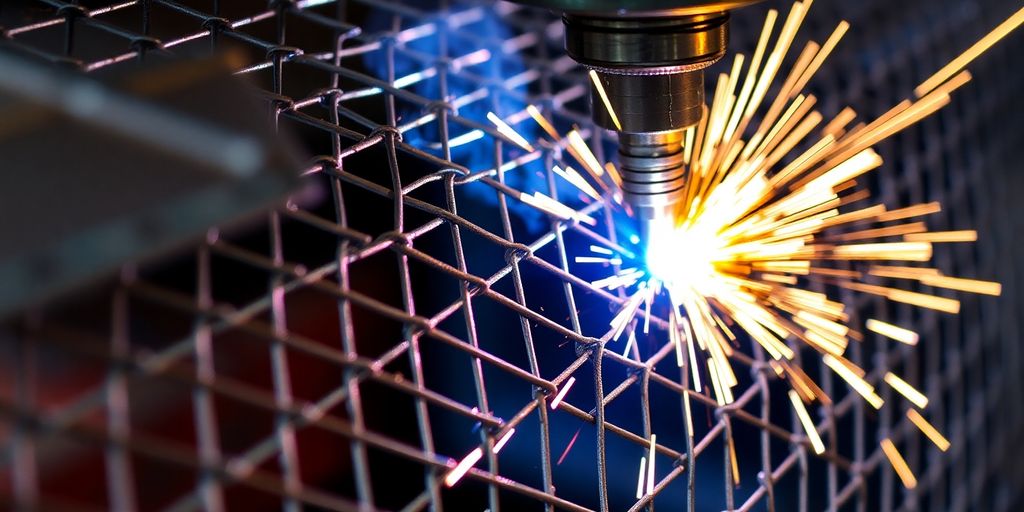 Close-up of a wire mesh welding machine in action.