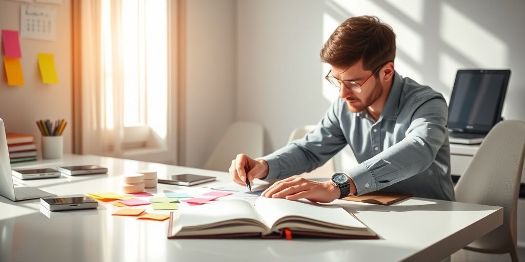 Person planning actions on a desk.