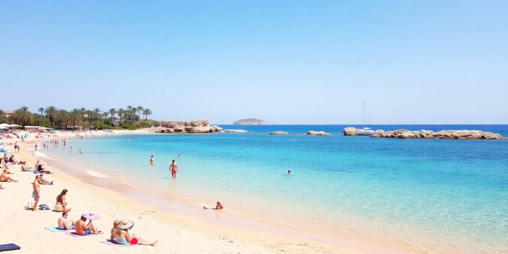 Beachgoers enjoying the sun in Alcudia, Mallorca.