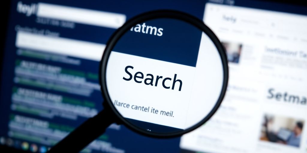 Magnifying glass over search results.