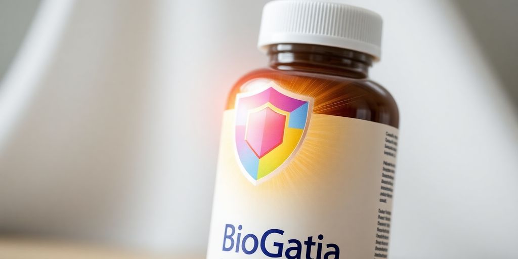BioGaia Immune Active bottle with vibrant shield graphic.