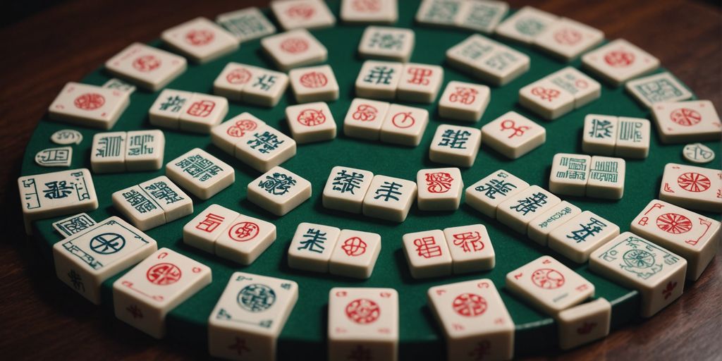 Mahjong tiles with various symbols in a circular layout