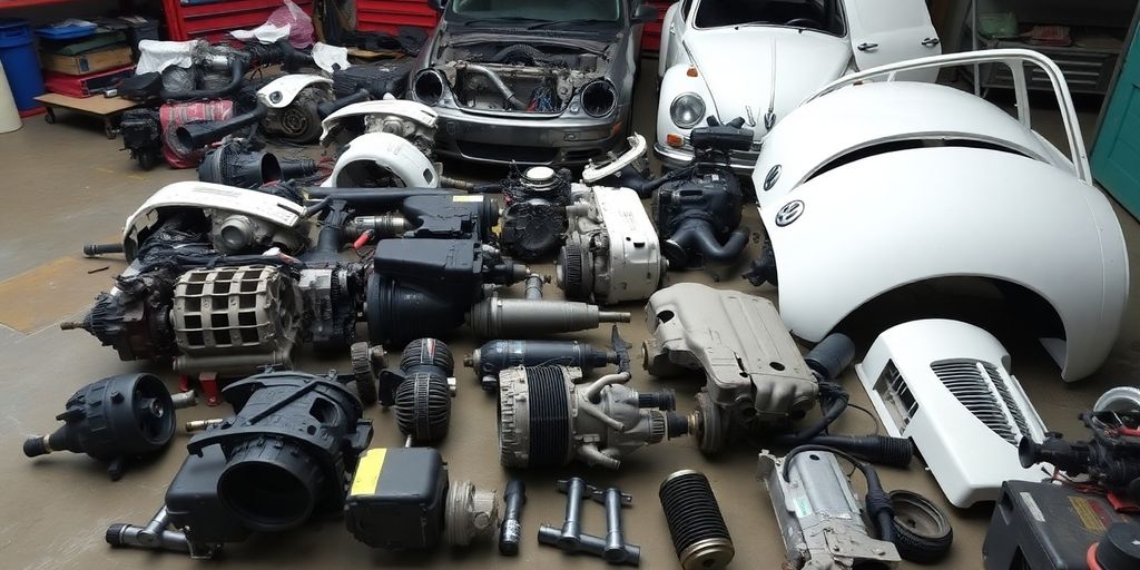 A collection of various used Volkswagen car parts.
