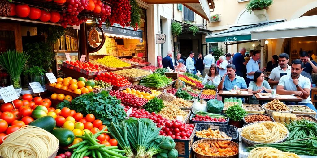 Vibrant Italian marketplace with fresh produce and traditional dishes.