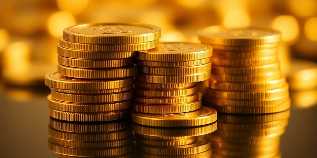Des pièces d'or empilées sur une surface réfléchissante.