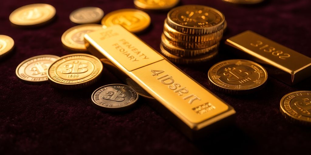 Des pièces et barres d'or sur un fond sombre.