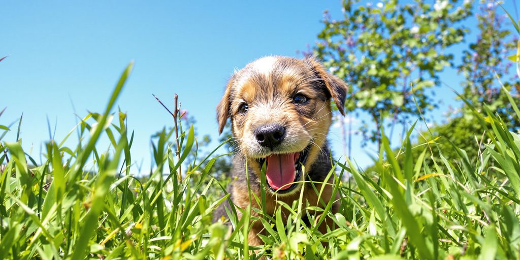 Happy puppy playing in the grass outdoors.