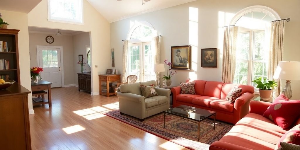 Restored home interior after water damage with bright decor.