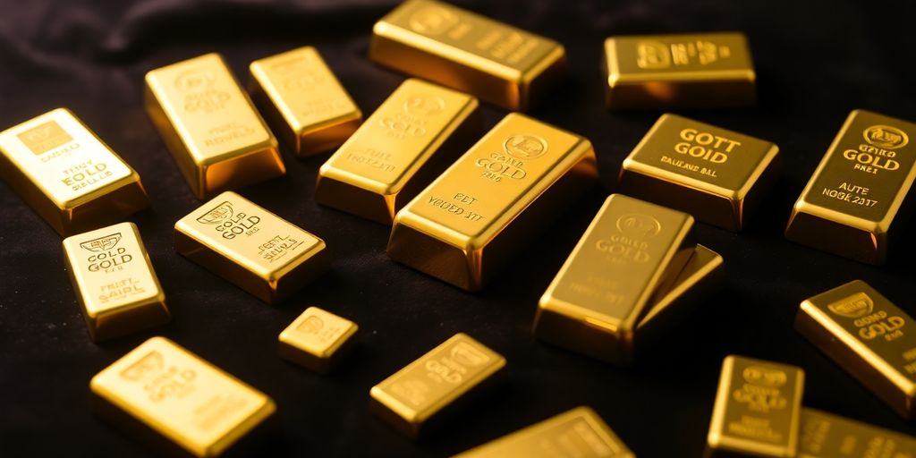 Différents lingots d'or sur un fond sombre.