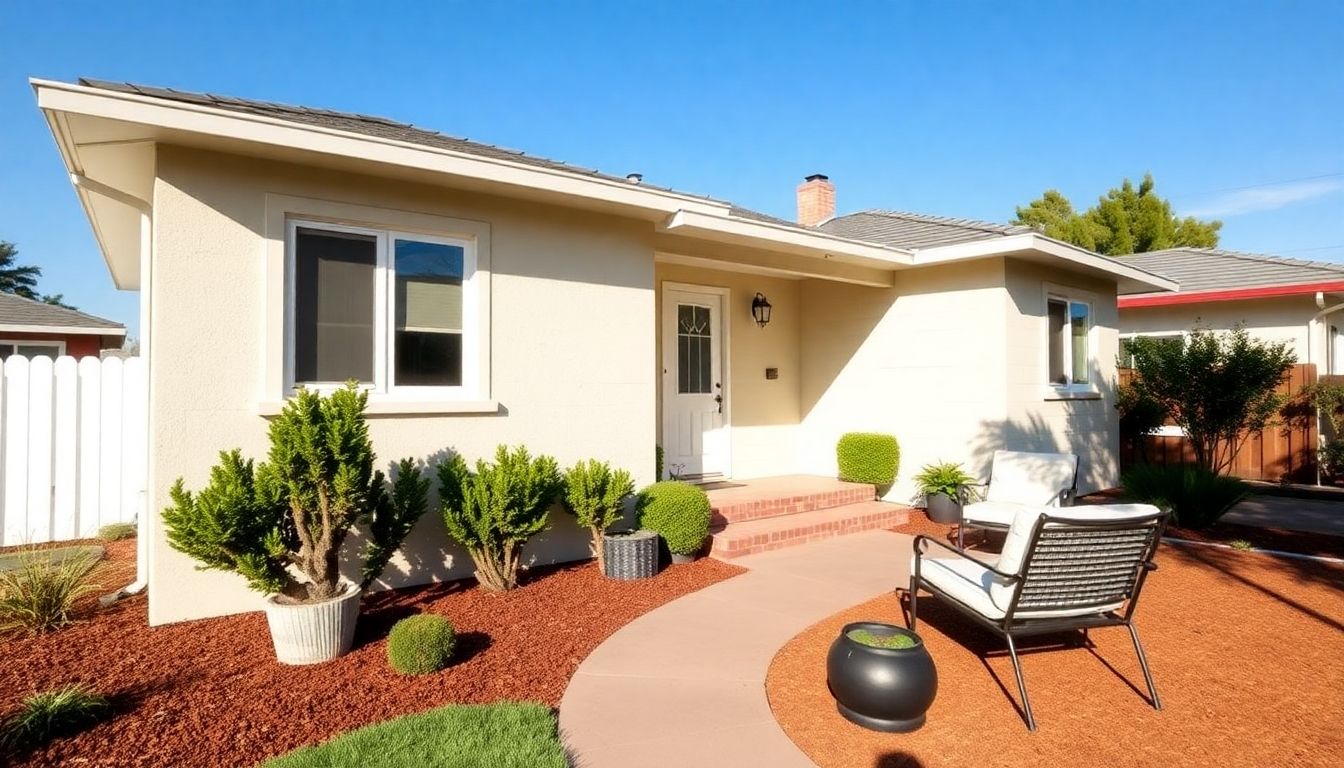 Renovated bungalow with garden and outdoor furniture.