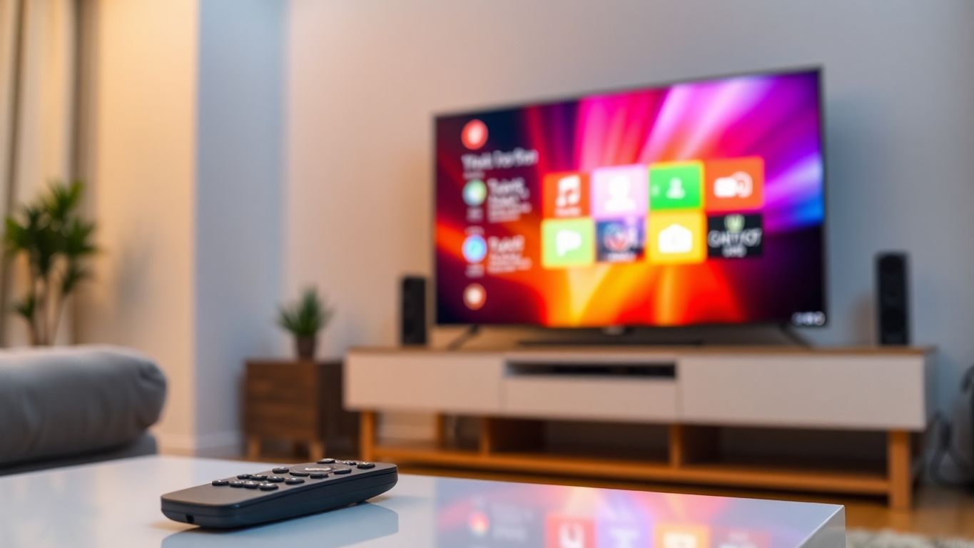 Télécommande sur table basse, écran TV