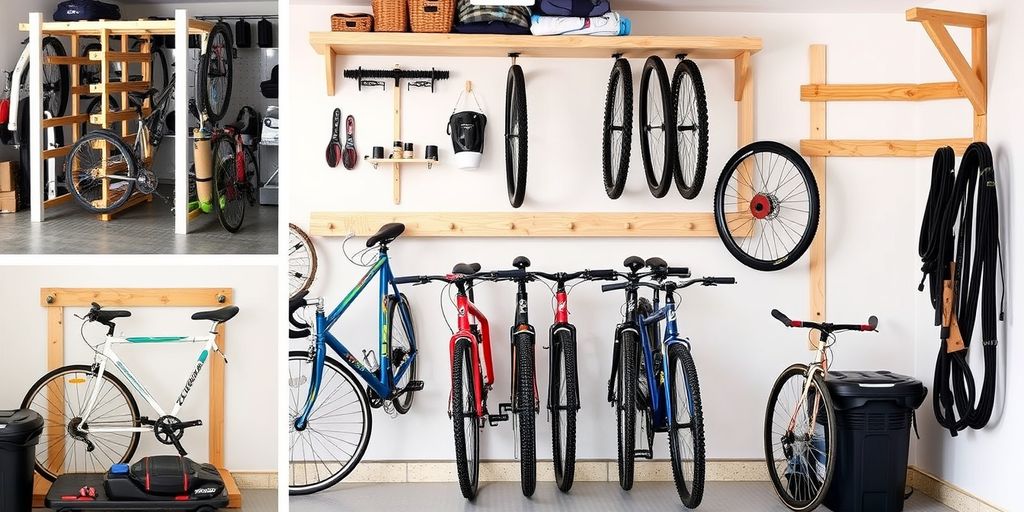 DIY bike storage racks in a well-organized garage.
