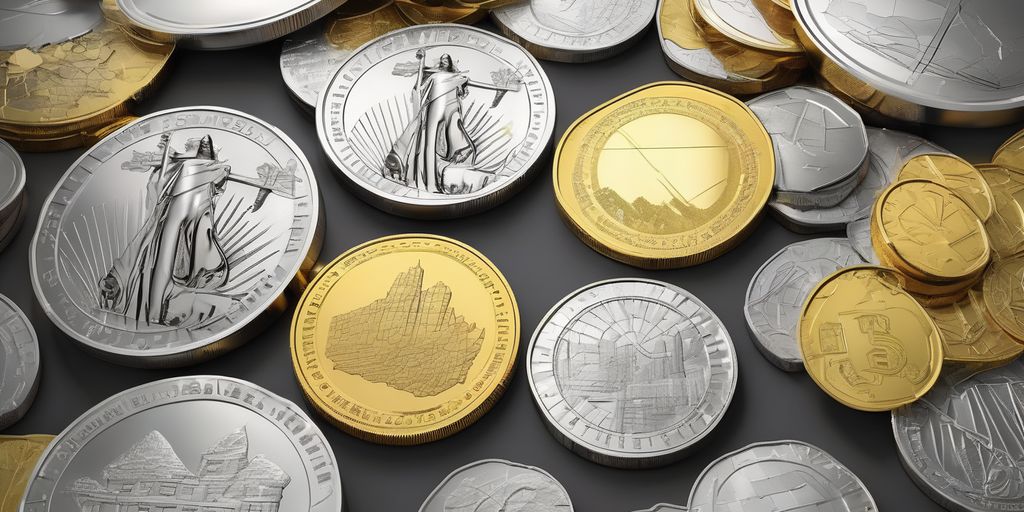 gold and silver coins with financial charts and risk warning signs
