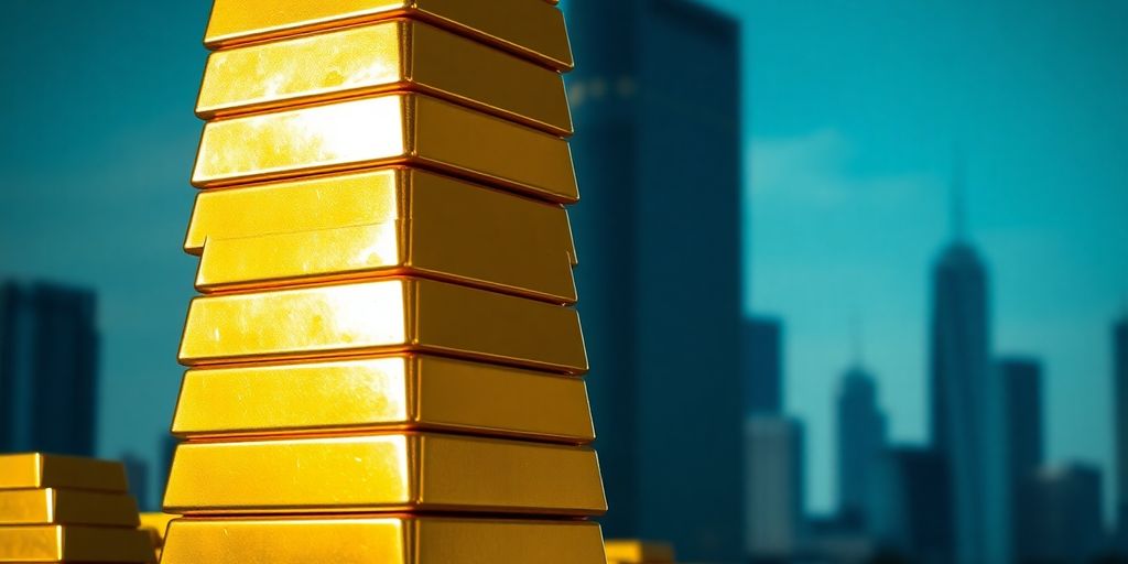 Lingots d'or empilés devant des gratte-ciel modernes.