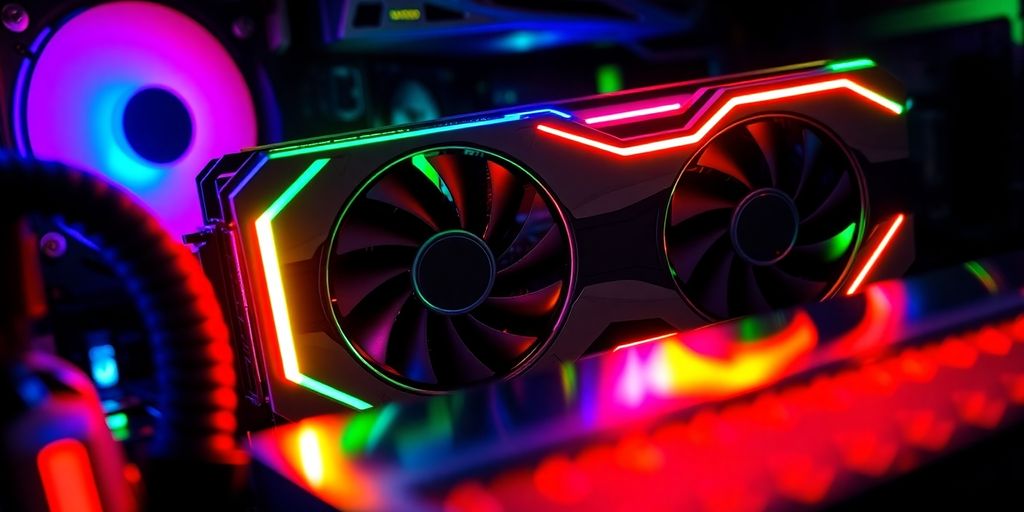 Glowing graphics cards in a computer.