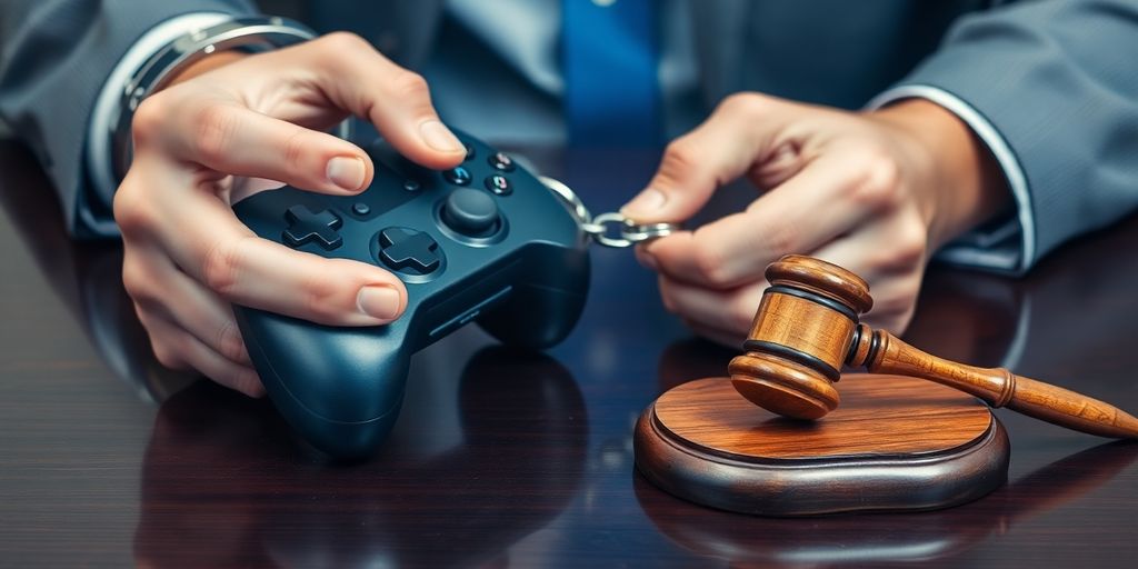 Gamer, joystick, handcuffs, legal gavel on wooden desk.