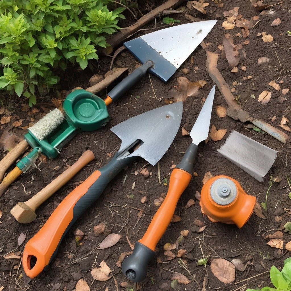 cleaning and sharpening garden tools in a backyard
