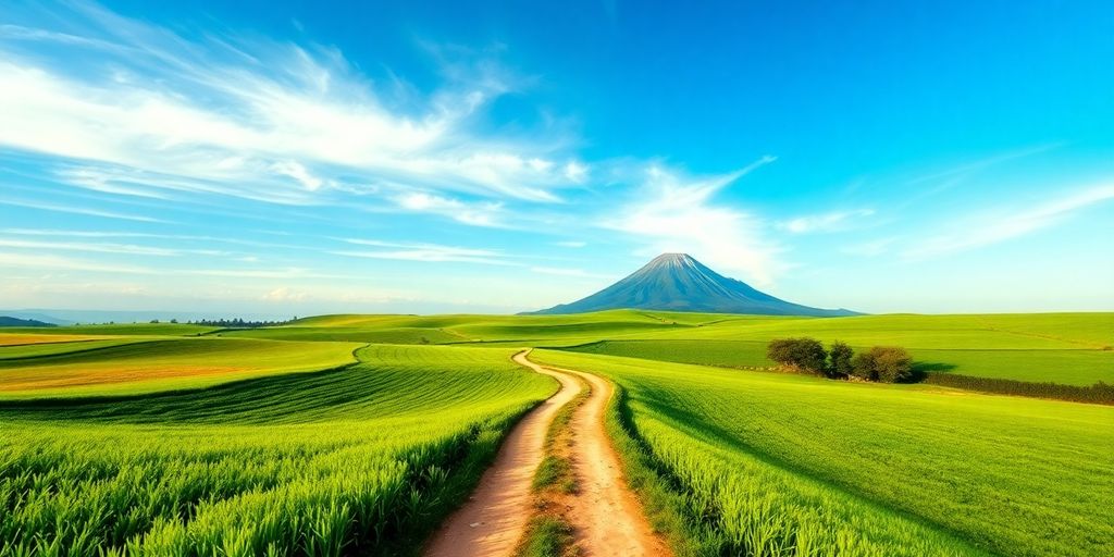 Scenic landscape with green fields and distant mountains.