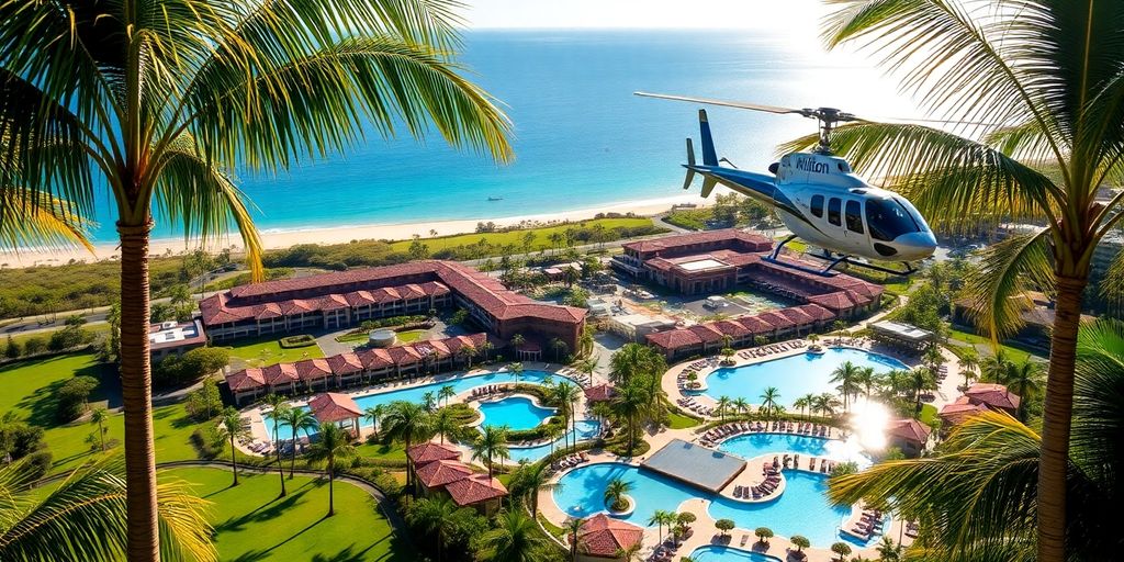 Hilton Waikoloa Village with helicopter flying above.