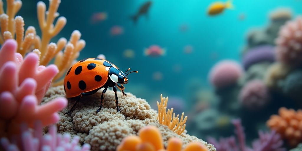 Joaninha do mar colorida entre corais e plantas marinhas.