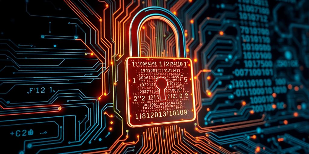 High-tech digital padlock and circuit board in darkness.
