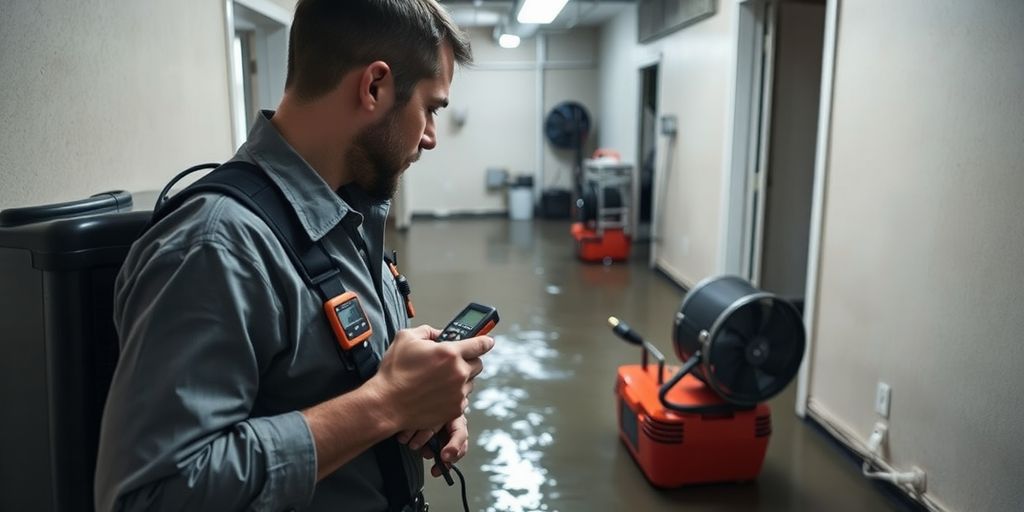 Technician assessing water damage in flooded area.