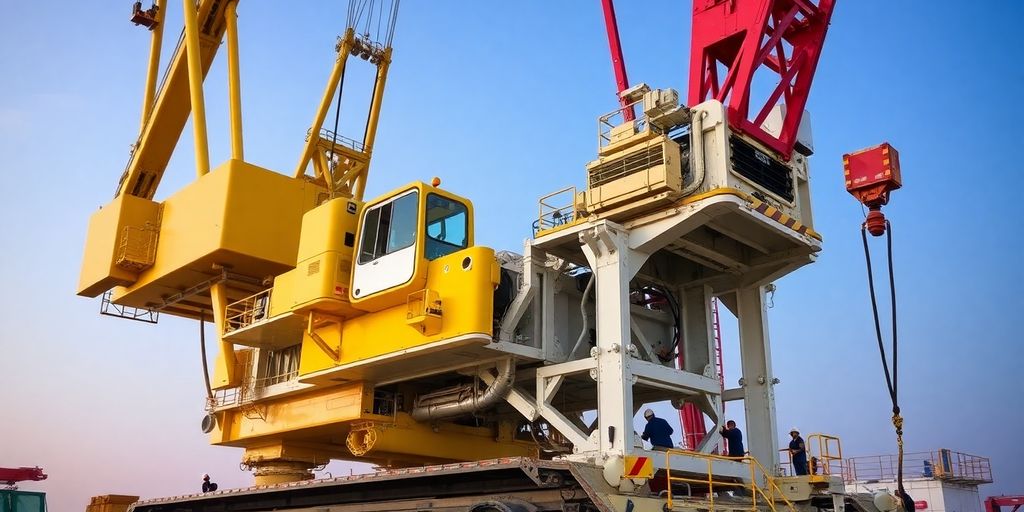 Crane mechanics working on a large industrial crane.