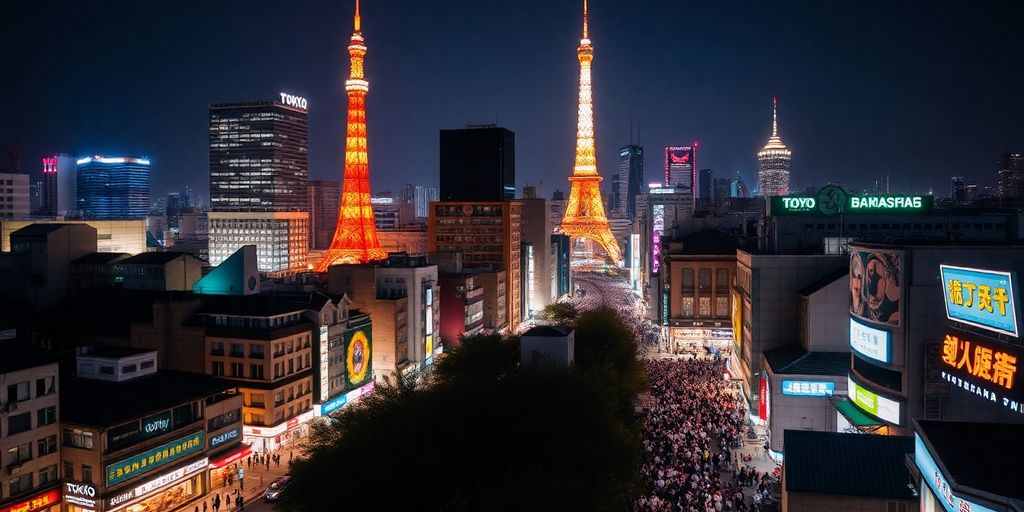 Tokyo city skyline at night with bright lights.