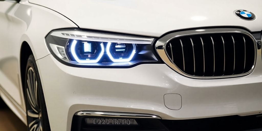 BMW 5 Series car front with gleaming chrome grille and headlights.