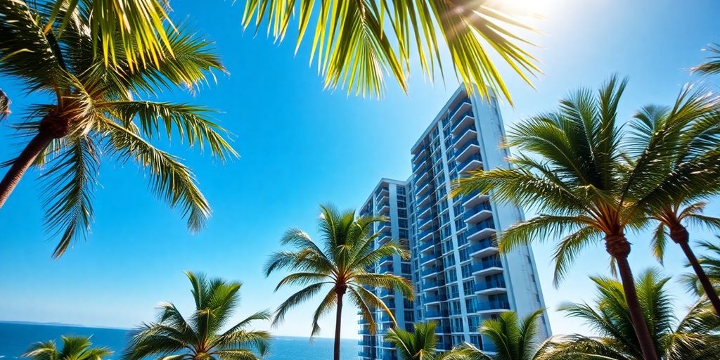 Modern high-rise condo with palm trees, water.