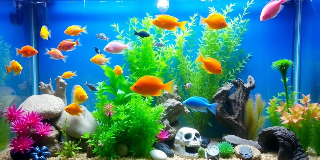 Colorful fish tank with vibrant fish and plants.