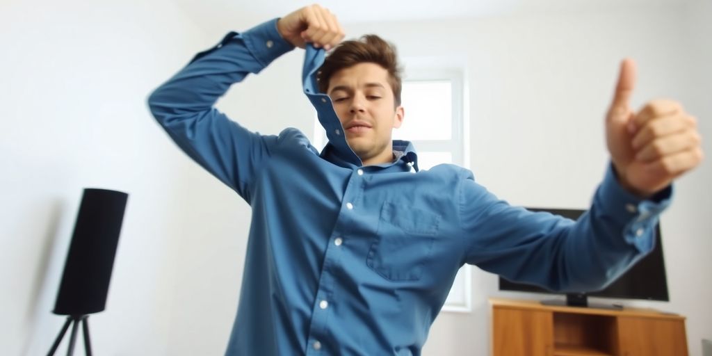 A person spinning a shirt over their head indoors.
