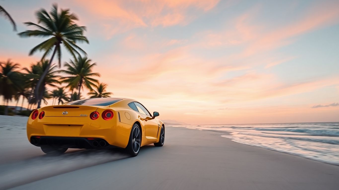 Tropical beach, fast car, colorful sunset.