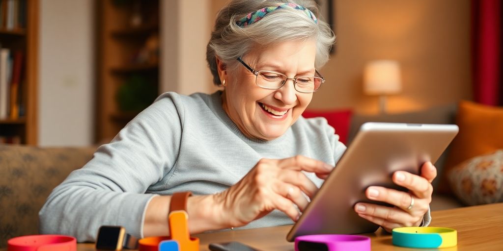 Modern grandma enjoying technology with gadgets around her.
