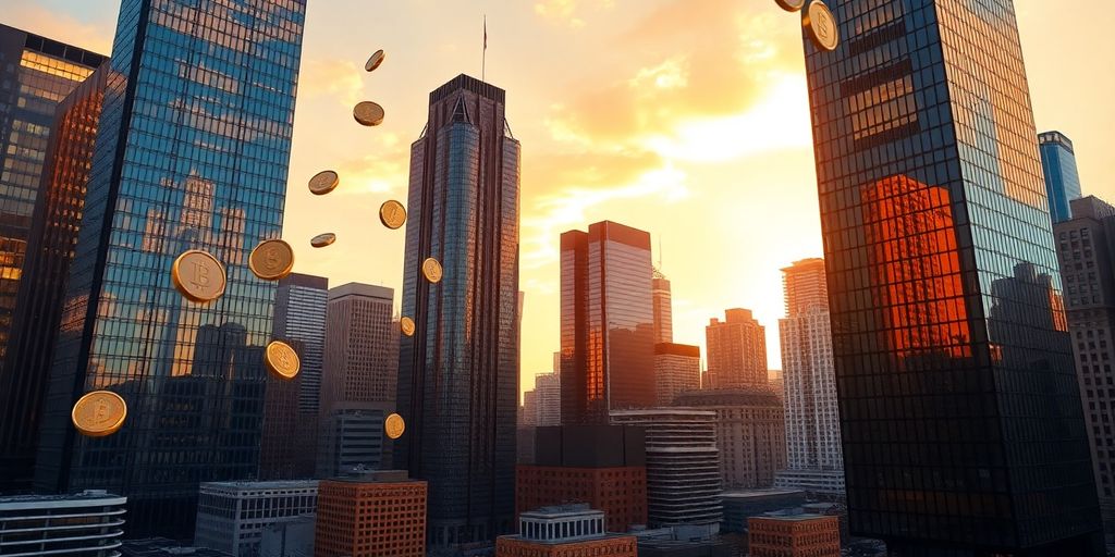 Cityscape with floating financial symbols.