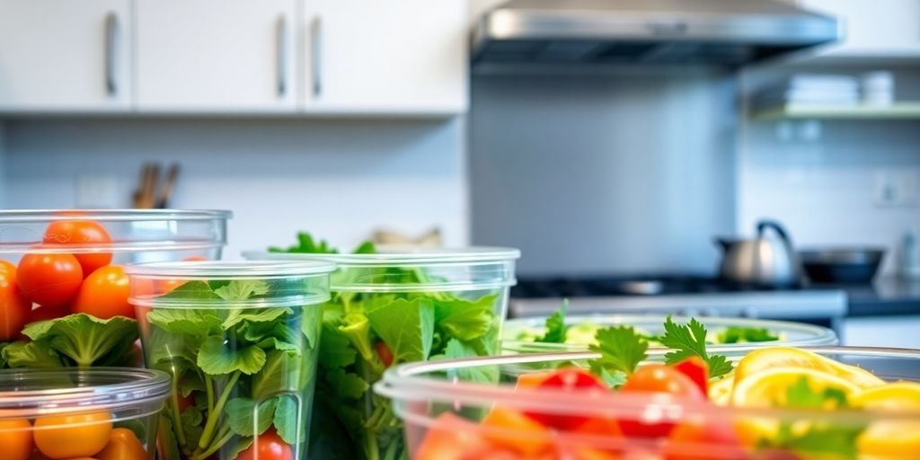 Sealed food containers with fresh ingredients.