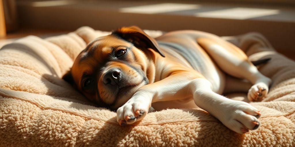 Comfortable dog relaxing on a plush bed.